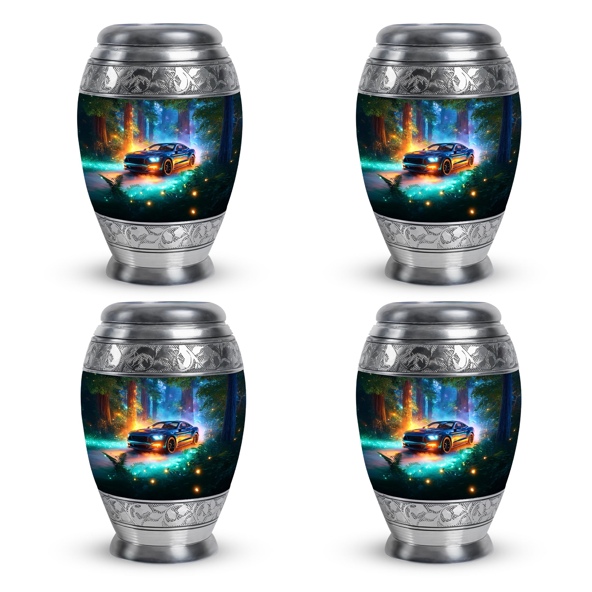 Cool Teal Car Cremation Urn urn with complimentary velvet bag - ornate monarch-style car relief on brushed aluminum - 10 inch aluminum urn for cremated remains