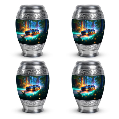 Cool Teal Car Cremation Urn urn with complimentary velvet bag - ornate monarch-style car relief on brushed aluminum - 10 inch aluminum urn for cremated remains