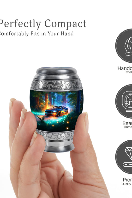 Vivid Teal Car Cremation Urn lifestyle display on memorial shelf - royal car engraving with decorative scrollwork - mini keepsake memorial for portion of cremation ashes