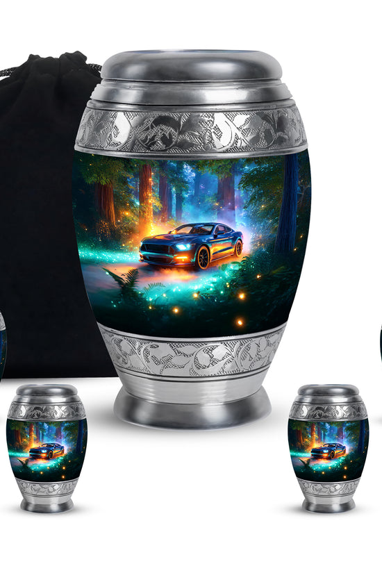 Vivid Teal Car Cremation Urn detail view - majestic car pattern with filigree border - memorial set with one large and four small urns
