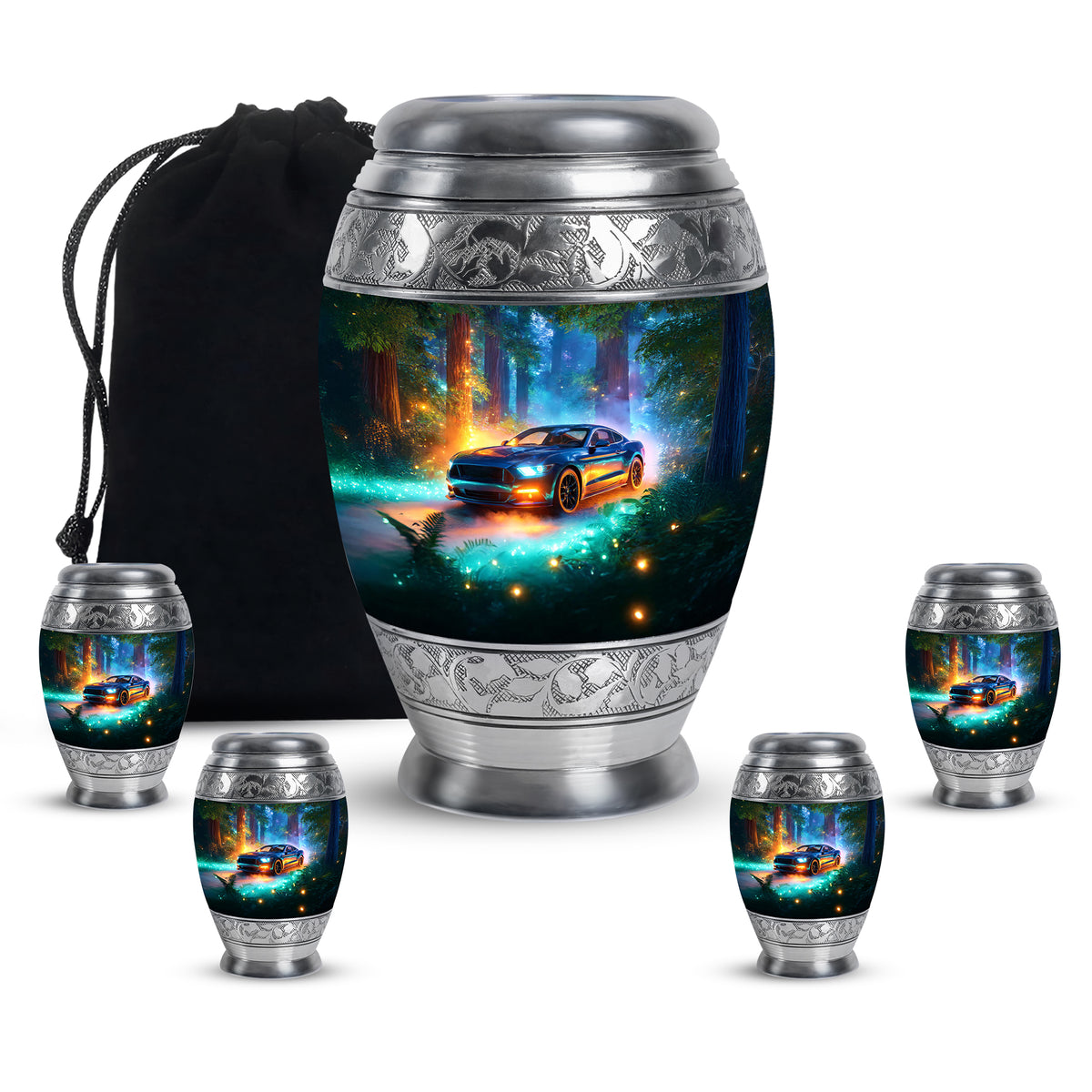 Vivid Teal Car Cremation Urn detail view - majestic car pattern with filigree border - memorial set with one large and four small urns