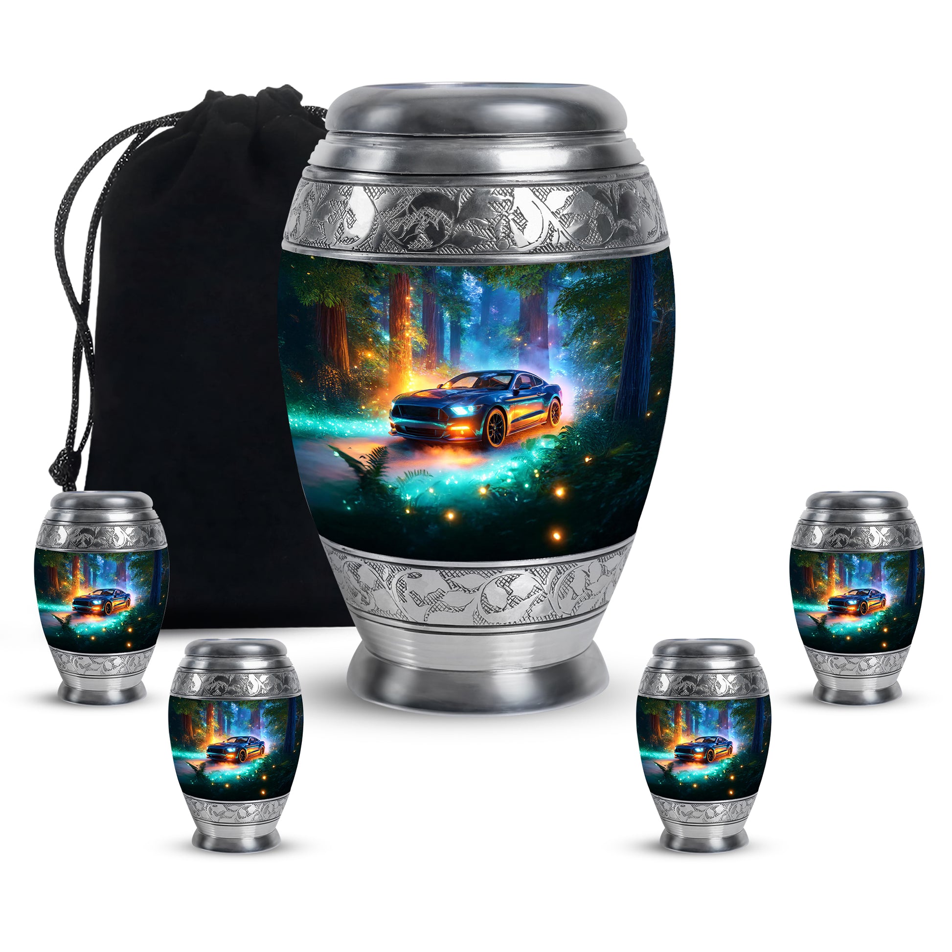 Vivid Teal Car Cremation Urn detail view - majestic car pattern with filigree border - memorial set with one large and four small urns