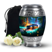 Soft Teal Car Cremation Urn back view with polished surface - regal car design with crown-inspired accents - full-size 10 inch 200 cubic inch adult cremation urn