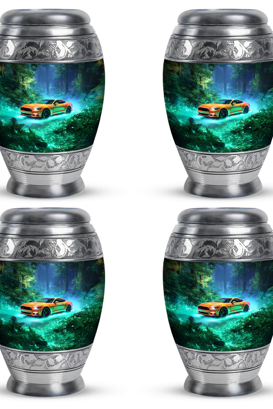 Cool Teal Car Cremation Urn urn with complimentary velvet bag - regal car design with crown-inspired accents - 10 inch aluminum urn for cremated remains