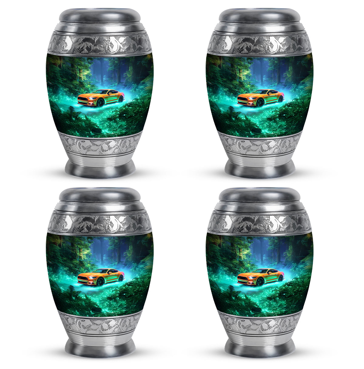 Cool Teal Car Cremation Urn urn with complimentary velvet bag - regal car design with crown-inspired accents - 10 inch aluminum urn for cremated remains