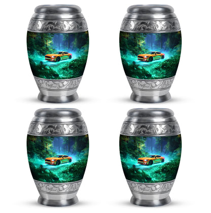 Cool Teal Car Cremation Urn urn with complimentary velvet bag - regal car design with crown-inspired accents - 10 inch aluminum urn for cremated remains