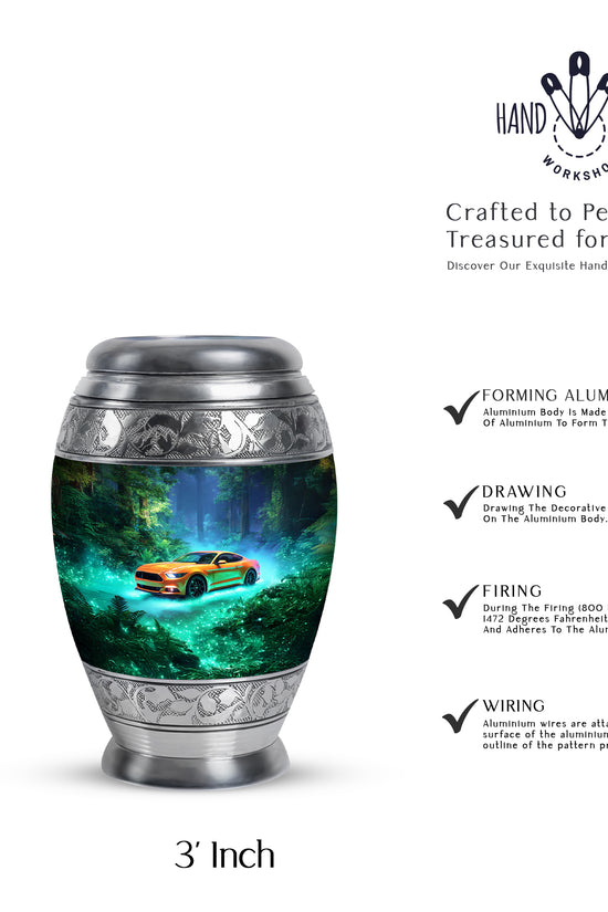 Deep Teal Car Cremation Urn lifestyle display on memorial shelf - majestic car pattern with filigree border - mini keepsake memorial for portion of cremation ashes