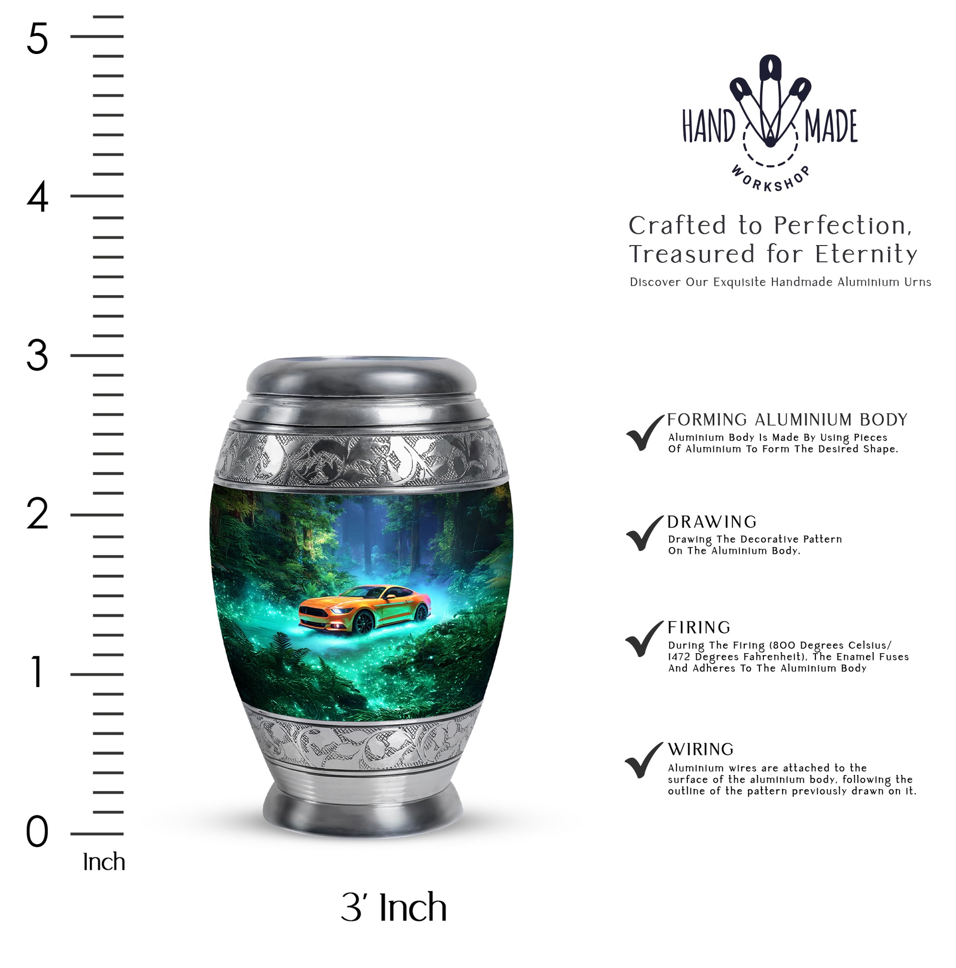 Deep Teal Car Cremation Urn lifestyle display on memorial shelf - majestic car pattern with filigree border - mini keepsake memorial for portion of cremation ashes