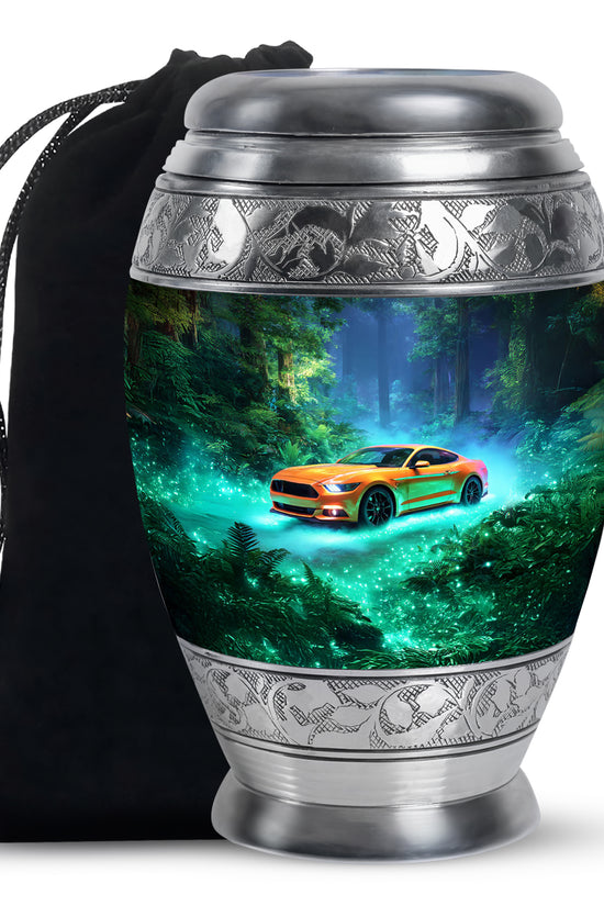 Aqua Teal Car Cremation Urn back view with polished surface - royal car engraving with decorative scrollwork - full-size 10 inch 200 cubic inch adult cremation urn