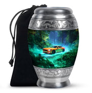 Aqua Teal Car Cremation Urn back view with polished surface - royal car engraving with decorative scrollwork - full-size 10 inch 200 cubic inch adult cremation urn