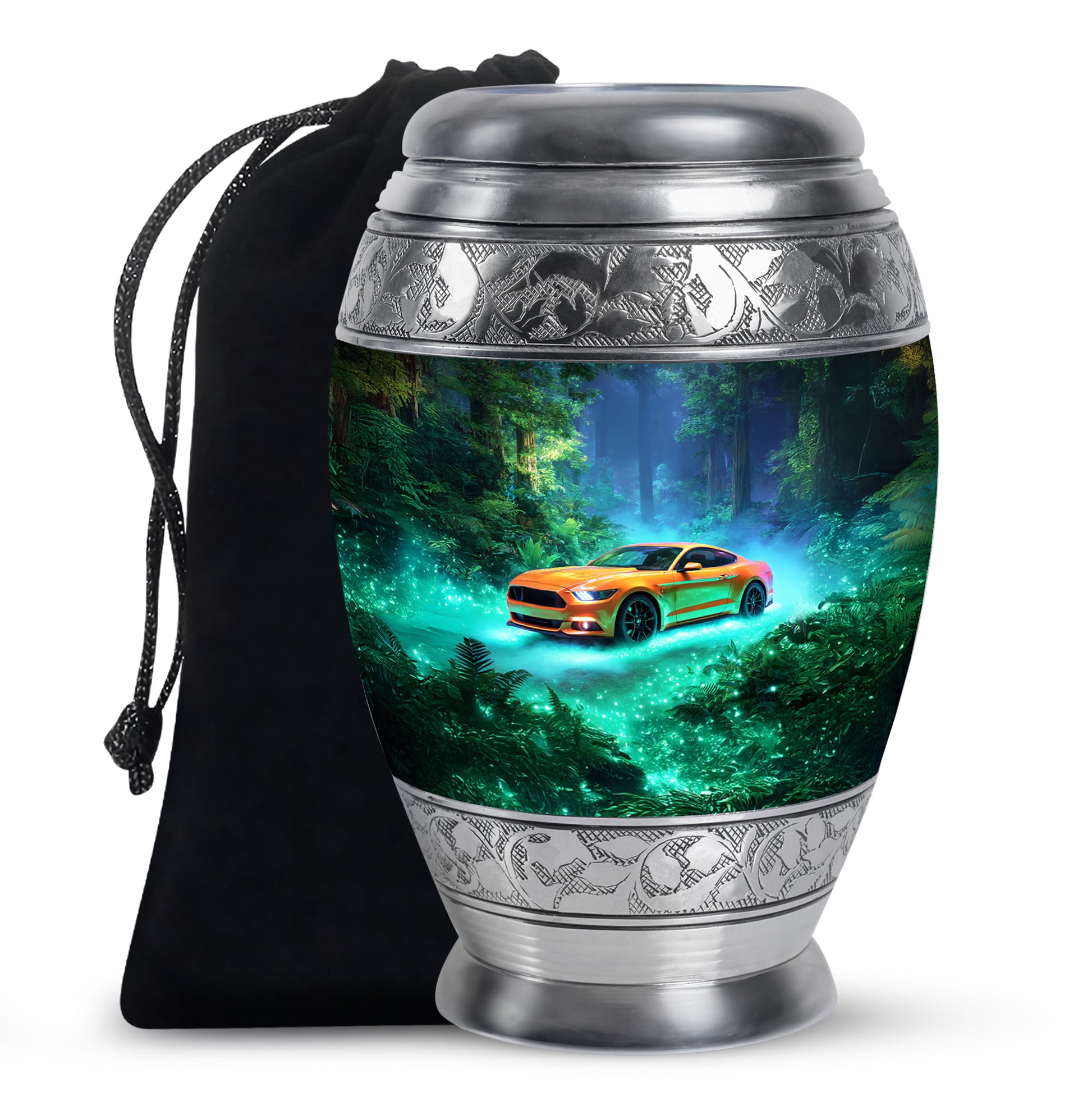 Aqua Teal Car Cremation Urn back view with polished surface - royal car engraving with decorative scrollwork - full-size 10 inch 200 cubic inch adult cremation urn