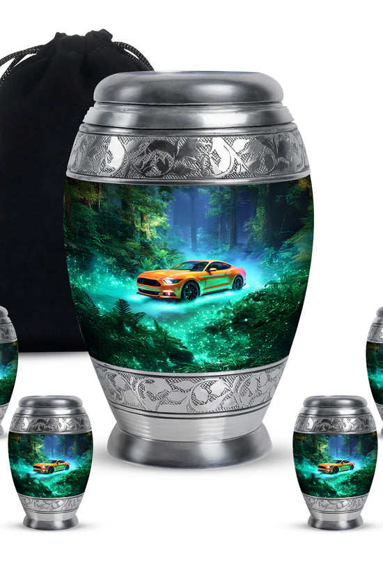 Soft Teal Car Cremation Urn detail view - regal car design with crown-inspired accents - memorial set with one large and four small urns