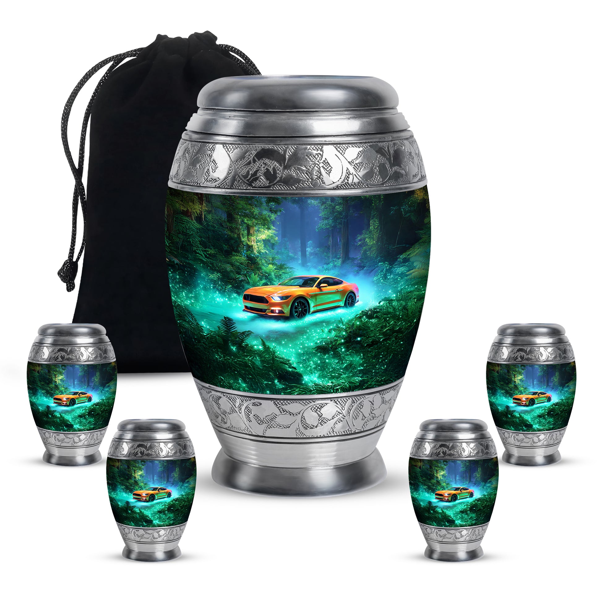 Soft Teal Car Cremation Urn detail view - regal car design with crown-inspired accents - memorial set with one large and four small urns