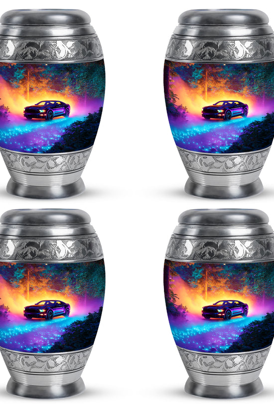 Misty Blue Car Cremation Urn urn with complimentary velvet bag - regal car design with crown-inspired accents - 10 inch aluminum urn for cremated remains