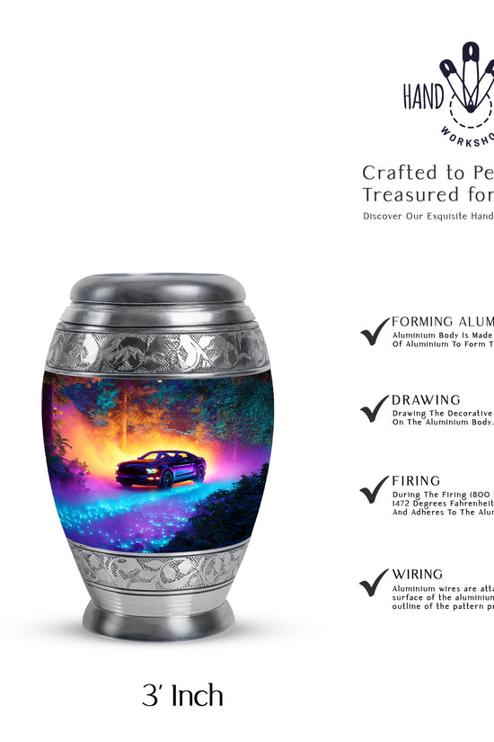 Royal Blue Car Cremation Urn lifestyle display on memorial shelf - royal car engraving with decorative scrollwork - mini keepsake memorial for portion of cremation ashes