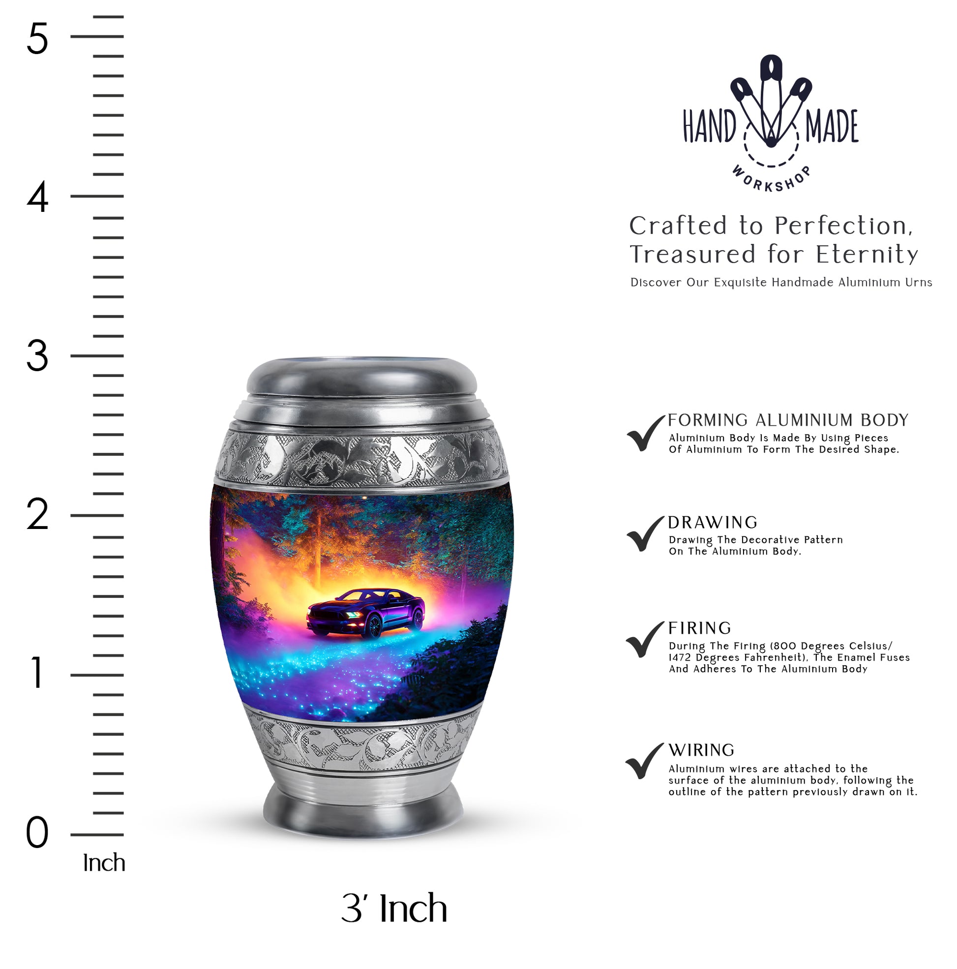 Royal Blue Car Cremation Urn lifestyle display on memorial shelf - royal car engraving with decorative scrollwork - mini keepsake memorial for portion of cremation ashes
