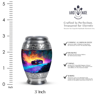 Royal Blue Car Cremation Urn lifestyle display on memorial shelf - royal car engraving with decorative scrollwork - mini keepsake memorial for portion of cremation ashes