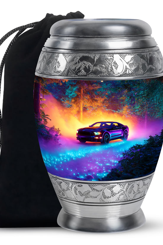 Sky Blue Car Cremation Urn back view with polished surface - ornate monarch-style car relief on brushed aluminum - full-size 10 inch 200 cubic inch adult cremation urn