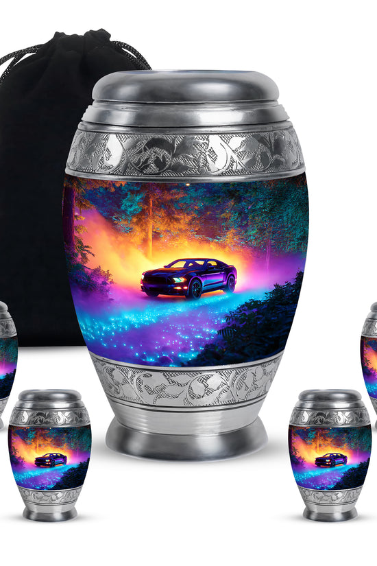 Vivid Blue Car Cremation Urn detail view - majestic car pattern with filigree border - memorial set with one large and four small urns