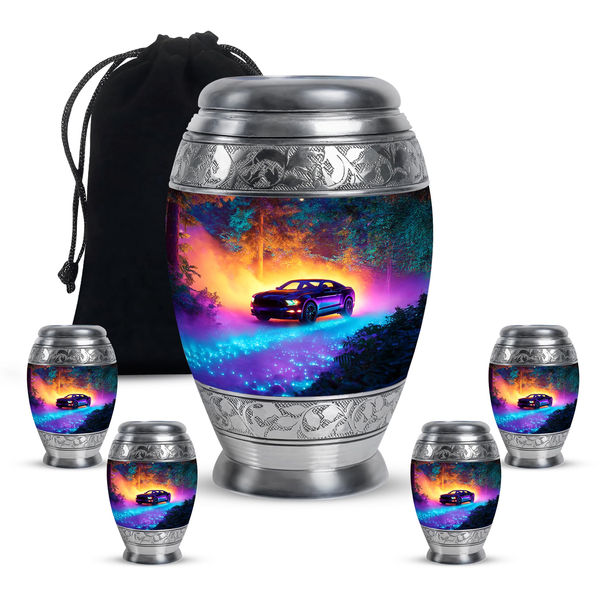 Vivid Blue Car Cremation Urn detail view - majestic car pattern with filigree border - memorial set with one large and four small urns