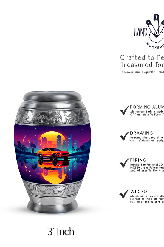 Grape Purple Car Cremation Urn lifestyle display on memorial shelf - majestic car pattern with filigree border - mini keepsake memorial for portion of cremation ashes