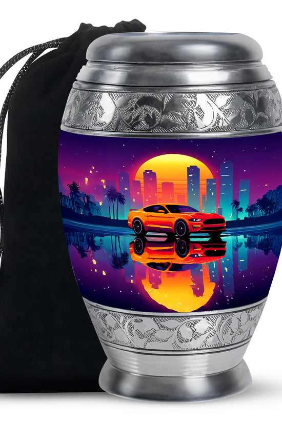 Orchid Purple Car Cremation Urn back view with polished surface - regal car design with crown-inspired accents - full-size 10 inch 200 cubic inch adult cremation urn