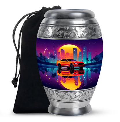 Orchid Purple Car Cremation Urn back view with polished surface - regal car design with crown-inspired accents - full-size 10 inch 200 cubic inch adult cremation urn