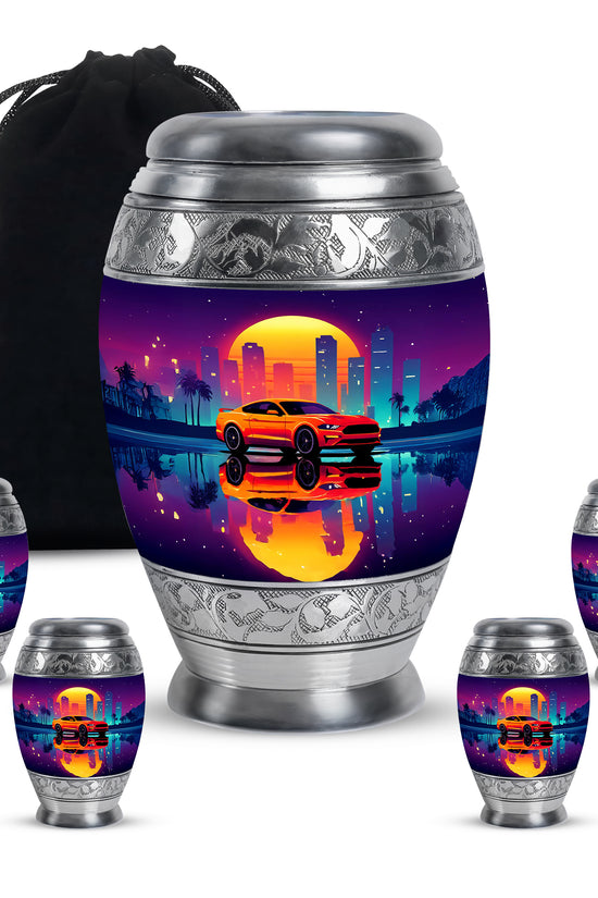 Royal Purple Car Cremation Urn detail view - royal car engraving with decorative scrollwork - memorial set with one large and four small urns