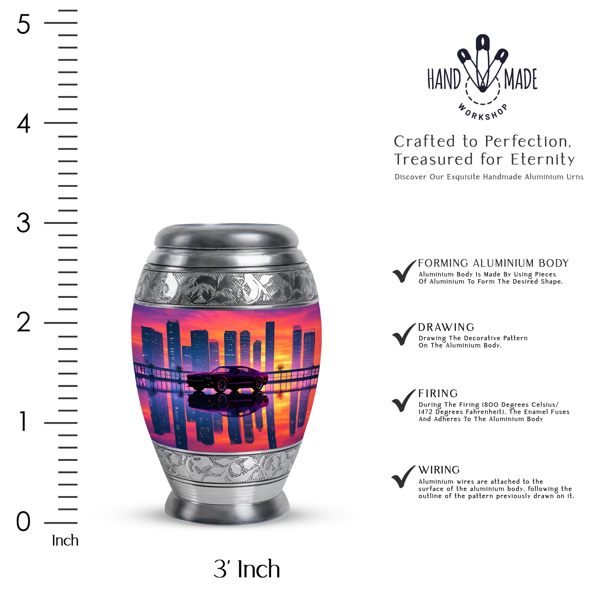 Salmon Pink Car Cremation Urn lifestyle display on memorial shelf - majestic car pattern with filigree border - mini keepsake memorial for portion of cremation ashes