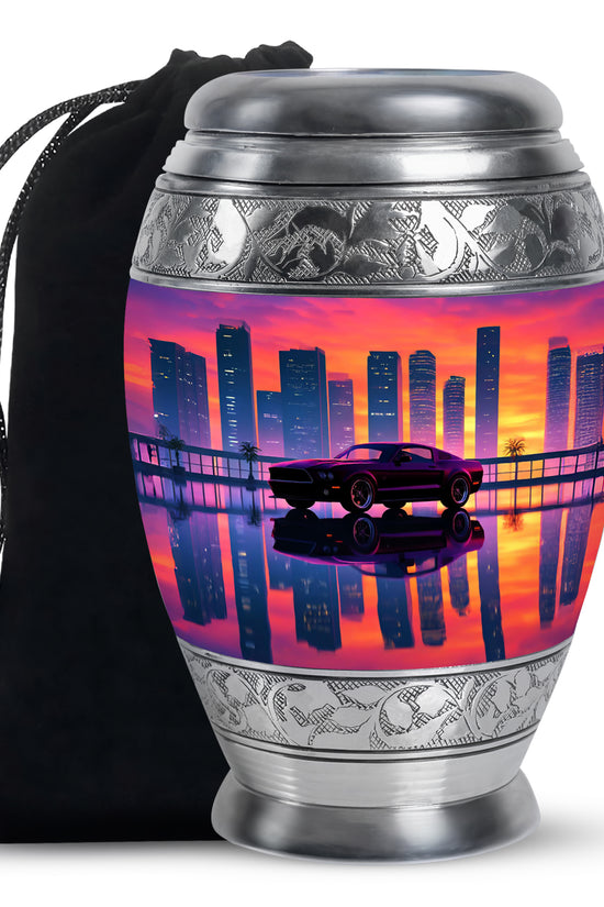 Pastel Pink Car Cremation Urn back view with polished surface - ornate monarch-style car relief on brushed aluminum - full-size 10 inch 200 cubic inch adult cremation urn