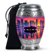 Pastel Pink Car Cremation Urn back view with polished surface - ornate monarch-style car relief on brushed aluminum - full-size 10 inch 200 cubic inch adult cremation urn