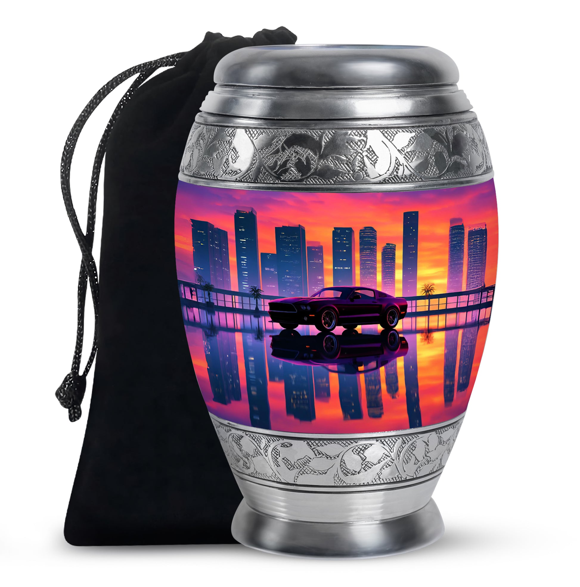 Pastel Pink Car Cremation Urn back view with polished surface - ornate monarch-style car relief on brushed aluminum - full-size 10 inch 200 cubic inch adult cremation urn