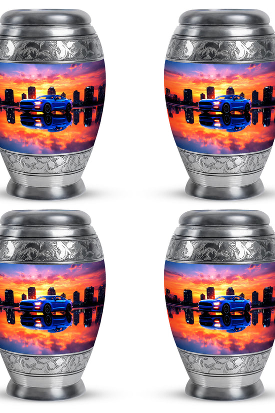 Amethyst Purple Car Cremation Urn urn with complimentary velvet bag - regal car design with crown-inspired accents - 10 inch aluminum urn for cremated remains