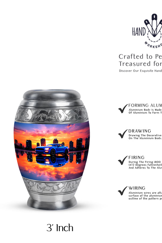Plum Purple Car Cremation Urn lifestyle display on memorial shelf - ornate monarch-style car relief on brushed aluminum - mini keepsake memorial for portion of cremation ashes