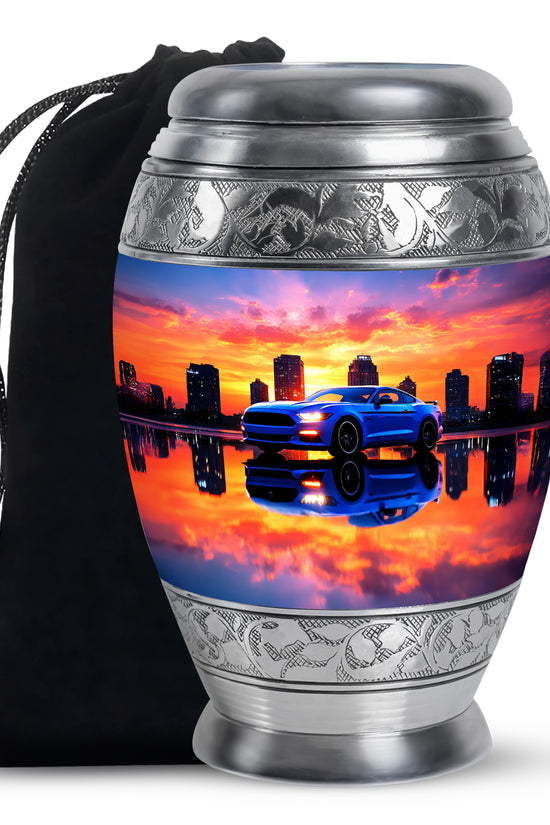 Violet Purple Car Cremation Urn back view with polished surface - majestic car pattern with filigree border - full-size 10 inch 200 cubic inch adult cremation urn