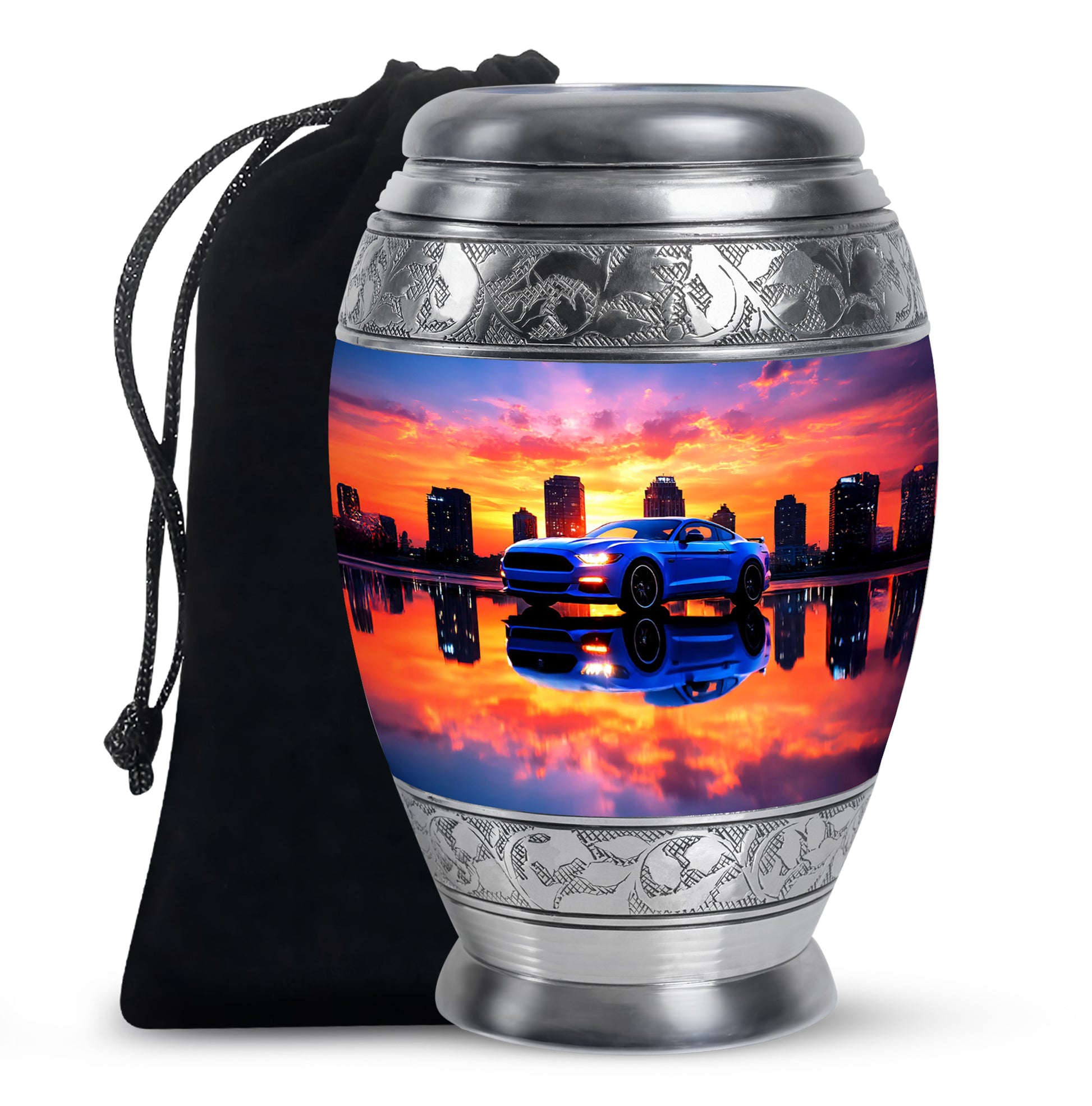Violet Purple Car Cremation Urn back view with polished surface - majestic car pattern with filigree border - full-size 10 inch 200 cubic inch adult cremation urn