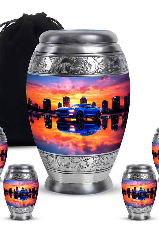 Royal Purple Car Cremation Urn detail view - majestic car pattern with filigree border - memorial set with one large and four small urns