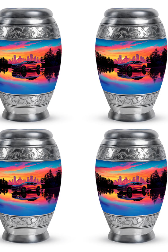 Bright Blue Car Cremation Urn urn with complimentary velvet bag - royal car engraving with decorative scrollwork - 10 inch aluminum urn for cremated remains