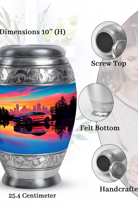 Bright Blue Car Cremation Urn lifestyle display on memorial shelf - royal car engraving with decorative scrollwork - mini keepsake memorial for portion of cremation ashes