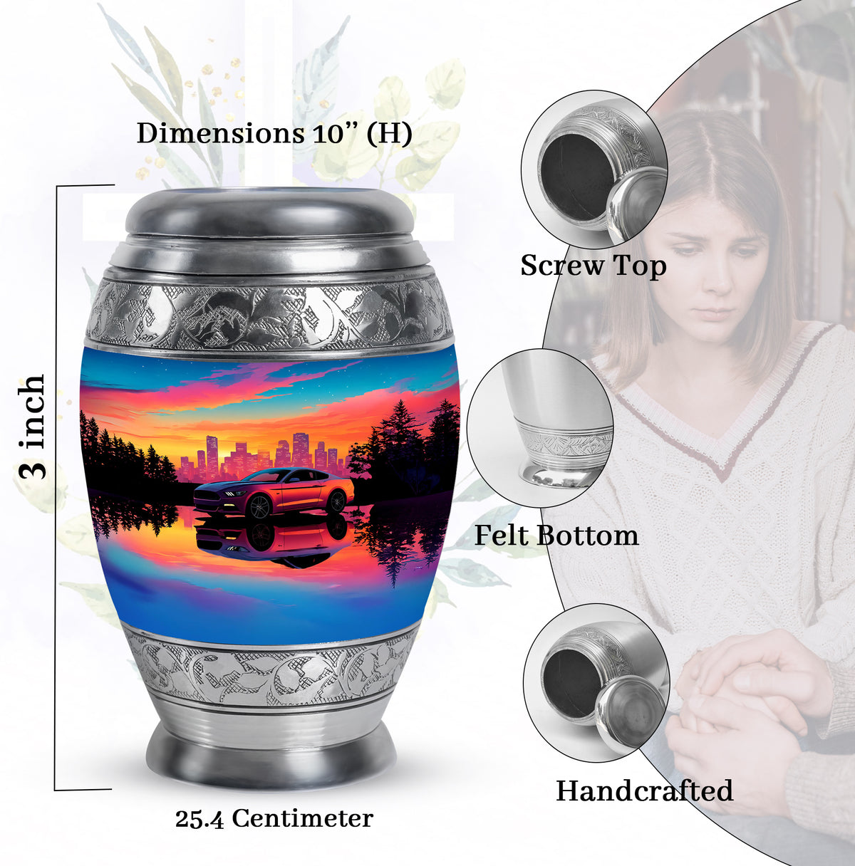 Bright Blue Car Cremation Urn lifestyle display on memorial shelf - royal car engraving with decorative scrollwork - mini keepsake memorial for portion of cremation ashes