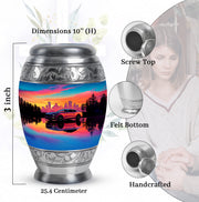 Bright Blue Car Cremation Urn lifestyle display on memorial shelf - royal car engraving with decorative scrollwork - mini keepsake memorial for portion of cremation ashes