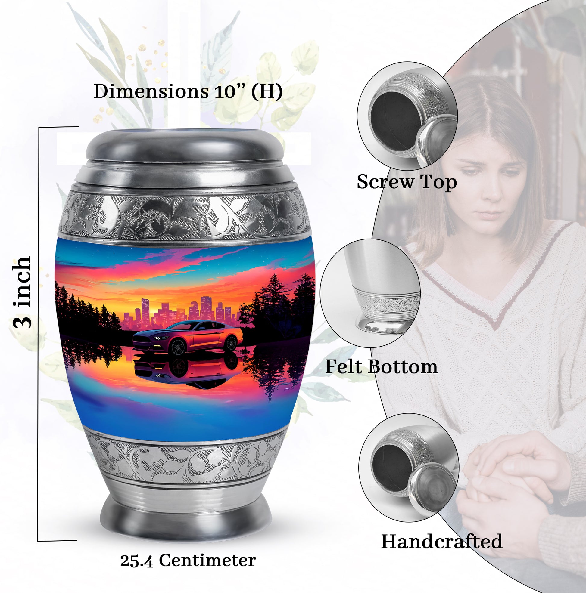 Bright Blue Car Cremation Urn lifestyle display on memorial shelf - royal car engraving with decorative scrollwork - mini keepsake memorial for portion of cremation ashes