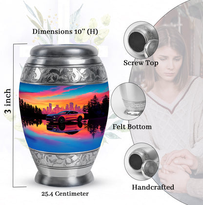 Bright Blue Car Cremation Urn lifestyle display on memorial shelf - royal car engraving with decorative scrollwork - mini keepsake memorial for portion of cremation ashes