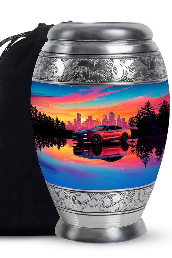 Calming Blue Car Cremation Urn back view with polished surface - majestic car pattern with filigree border - full-size 10 inch 200 cubic inch adult cremation urn