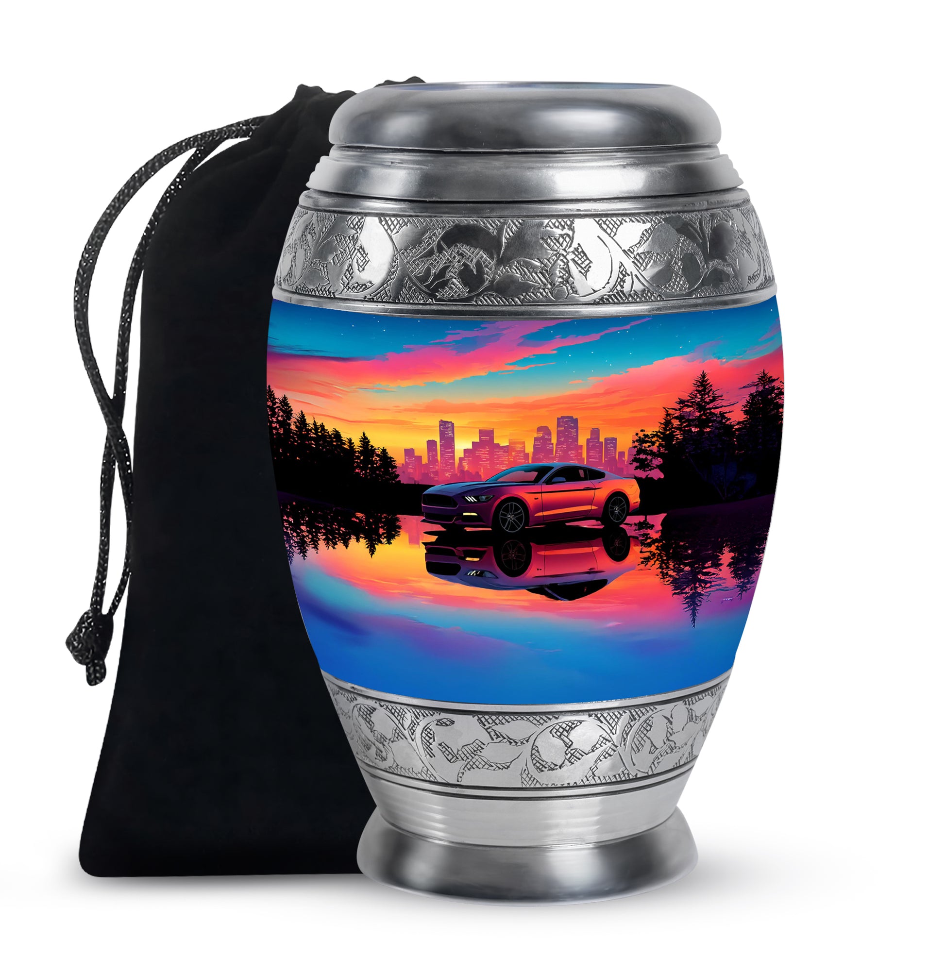 Calming Blue Car Cremation Urn back view with polished surface - majestic car pattern with filigree border - full-size 10 inch 200 cubic inch adult cremation urn