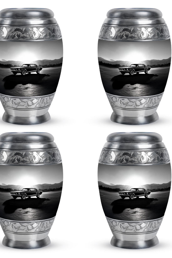 Pewter Gray Car Cremation Urn urn with complimentary velvet bag - ornate monarch-style car relief on brushed aluminum - 10 inch aluminum urn for cremated remains