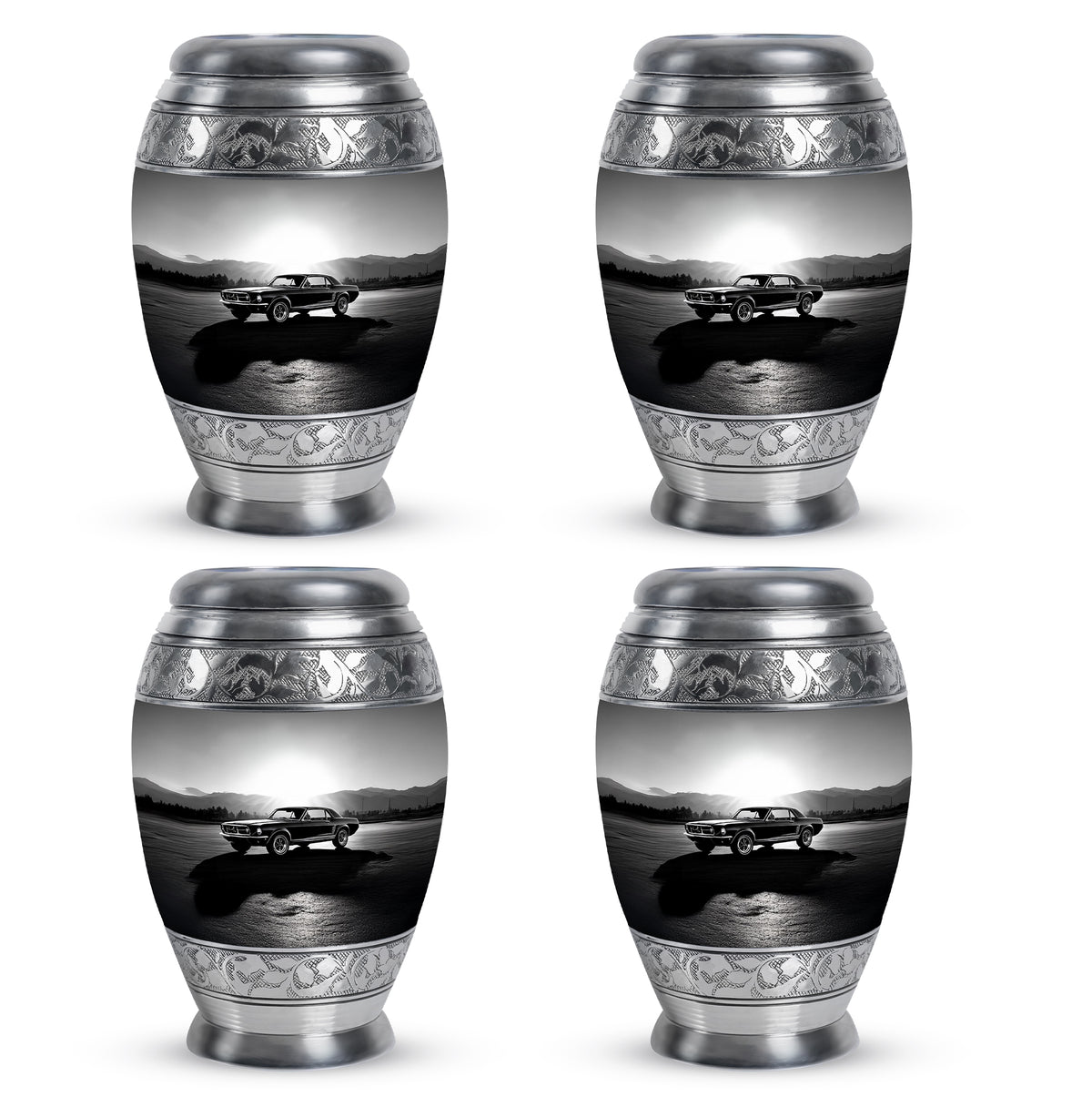 Pewter Gray Car Cremation Urn urn with complimentary velvet bag - ornate monarch-style car relief on brushed aluminum - 10 inch aluminum urn for cremated remains