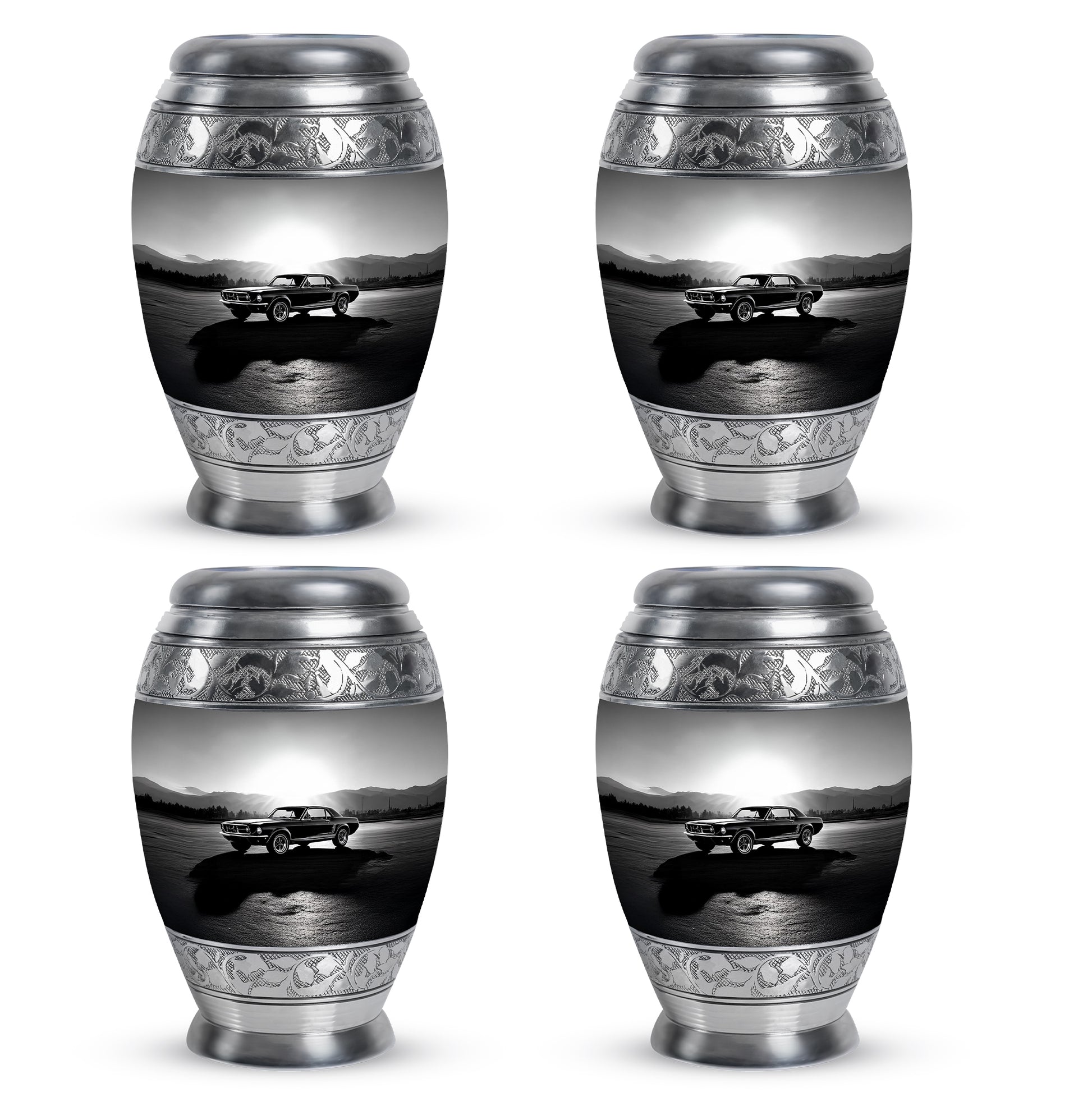 Pewter Gray Car Cremation Urn urn with complimentary velvet bag - ornate monarch-style car relief on brushed aluminum - 10 inch aluminum urn for cremated remains