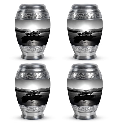 Pewter Gray Car Cremation Urn urn with complimentary velvet bag - ornate monarch-style car relief on brushed aluminum - 10 inch aluminum urn for cremated remains