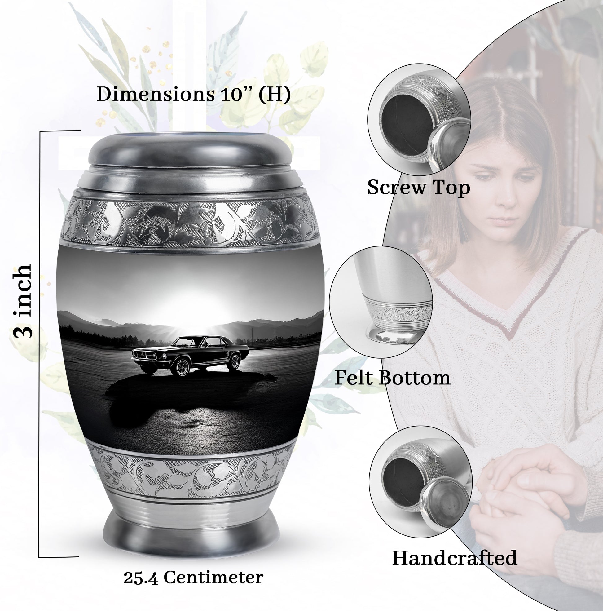 Charcoal Gray Car Cremation Urn lifestyle display on memorial shelf - ornate monarch-style car relief on brushed aluminum - mini keepsake memorial for portion of cremation ashes